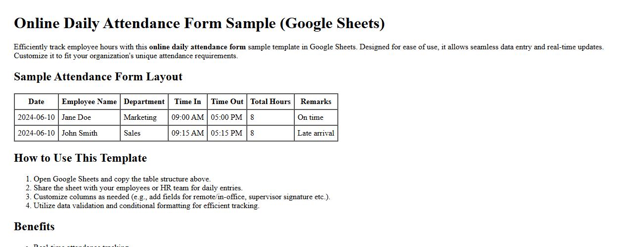 Online daily attendance form sample Google Sheets image preview