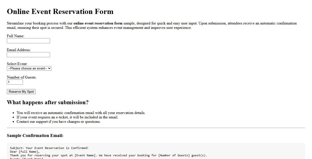 Online event reservation form sample with confirmation email image preview