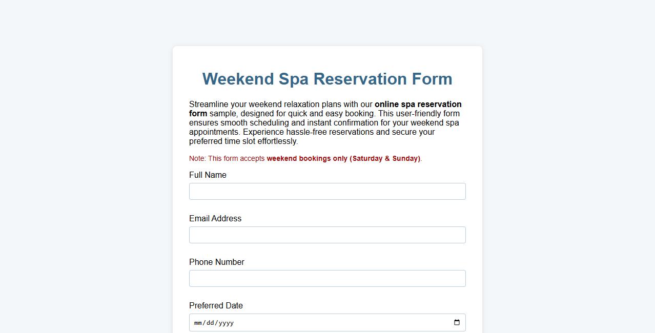 online spa reservation form sample for weekend bookings image preview
