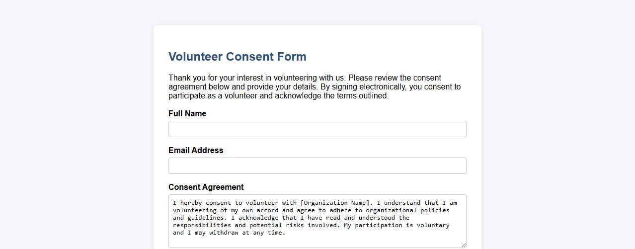 online volunteer consent form sample with e-signature image preview