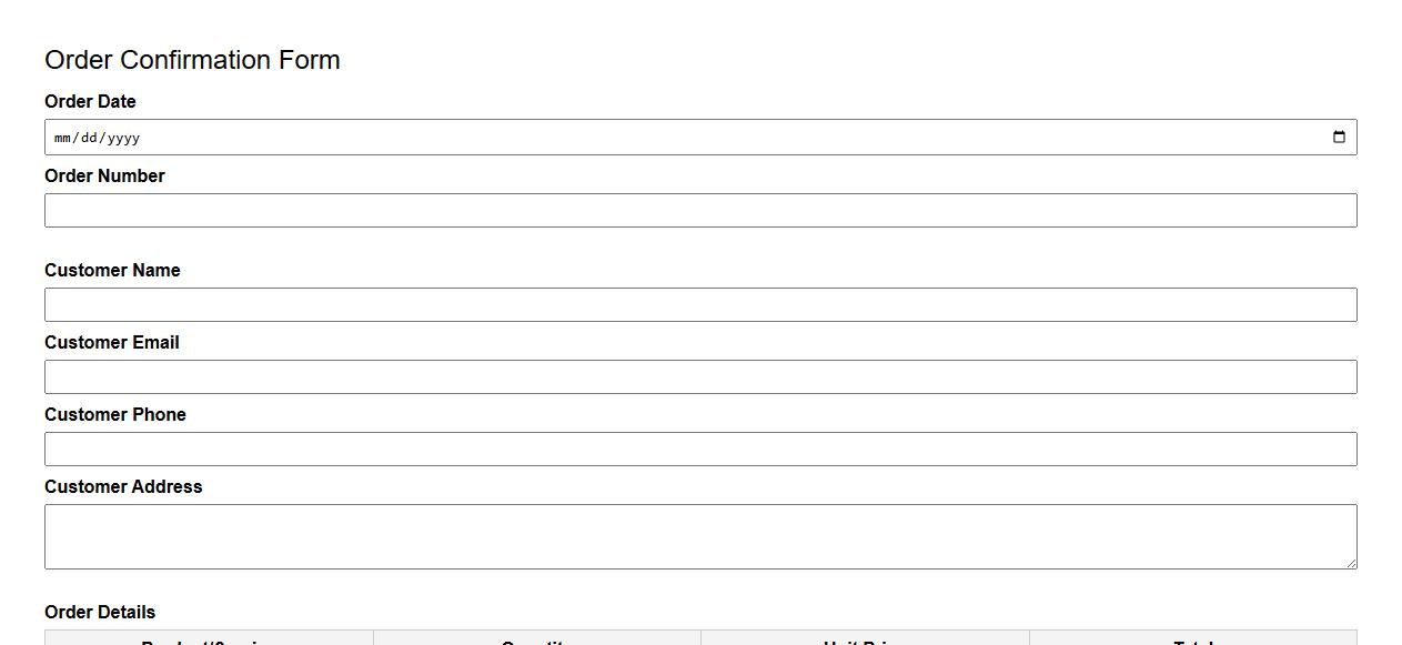 order confirmation form sample with customer signature section image preview