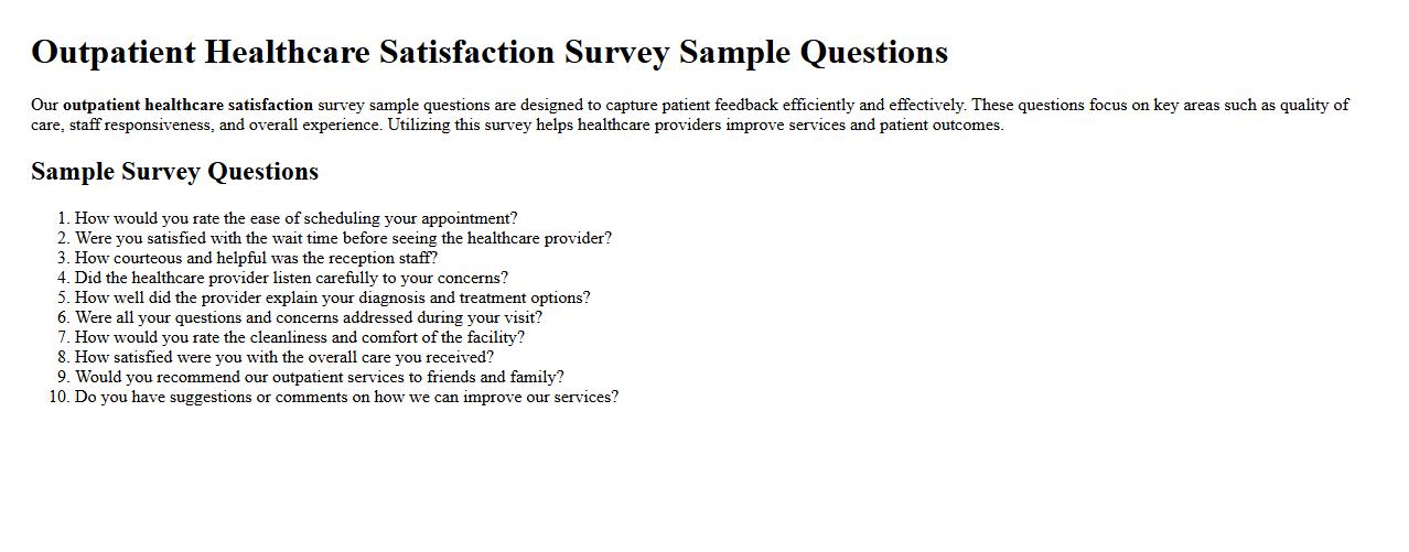Outpatient healthcare satisfaction survey sample questions image preview