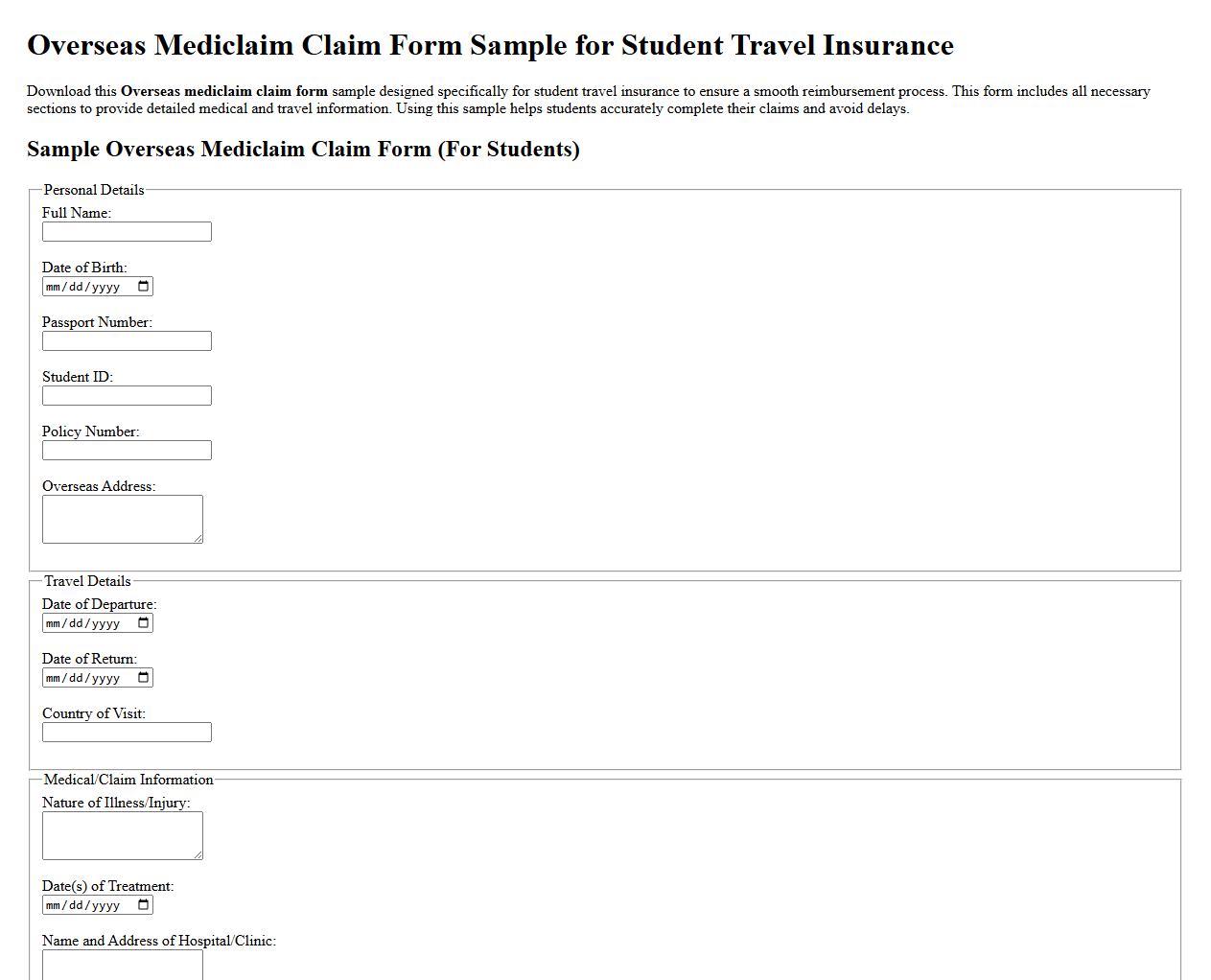 Overseas mediclaim claim form sample for student travel insurance image preview