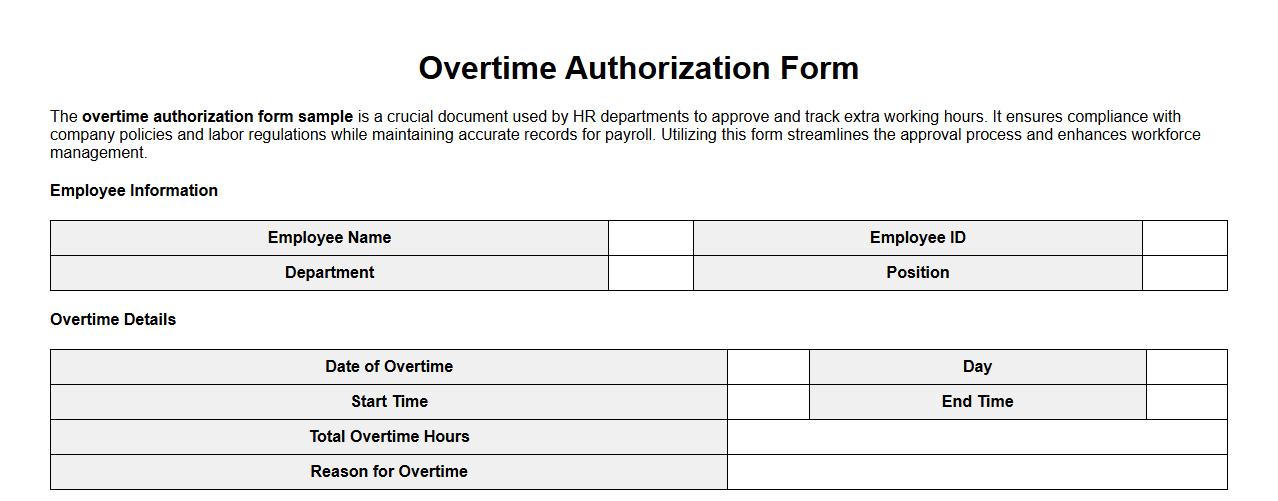 overtime authorization form sample for HR image preview