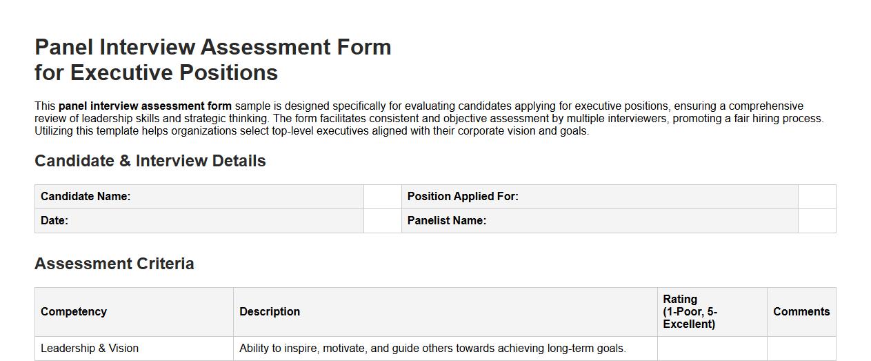 Panel interview assessment form sample for executive positions image preview