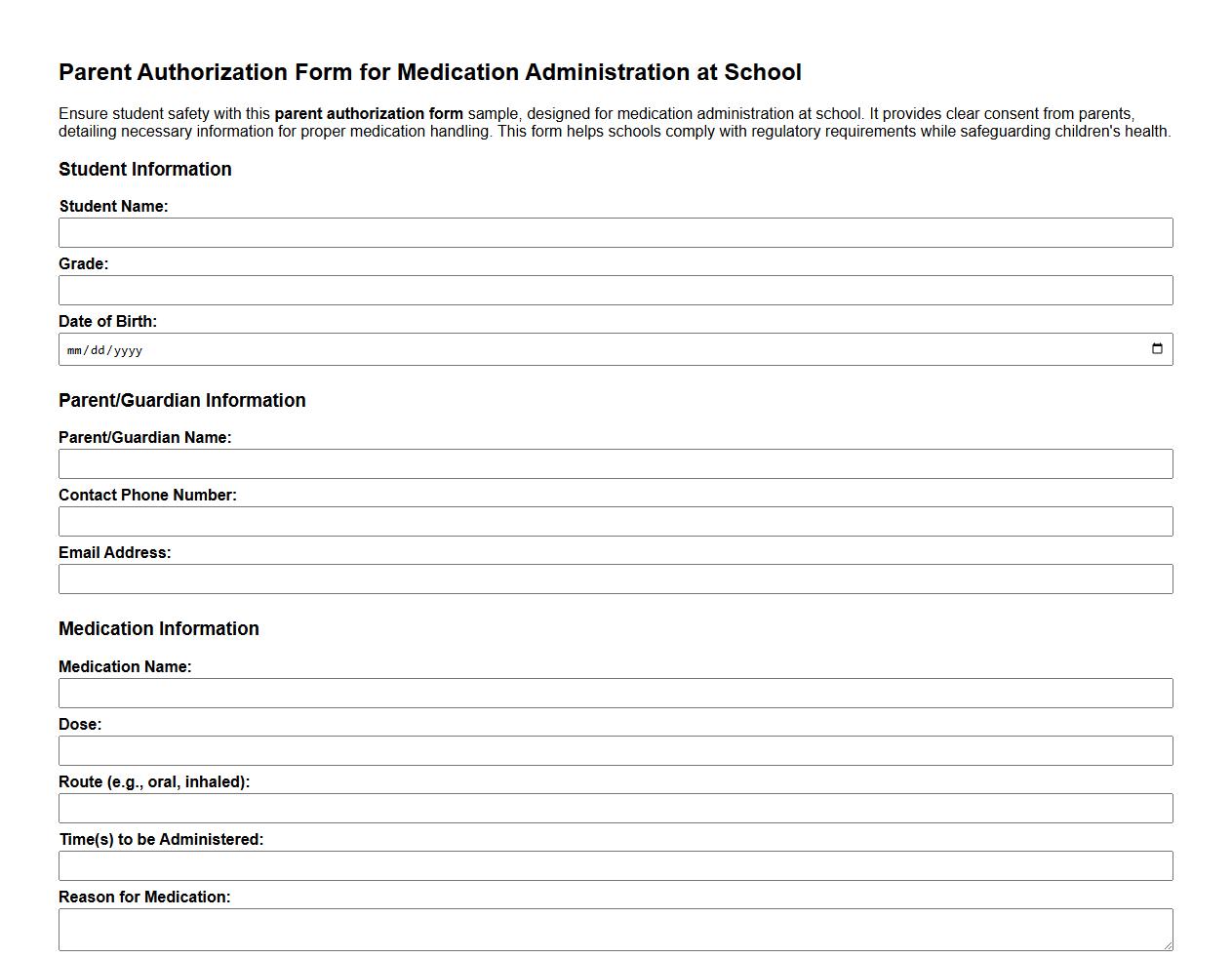 Parent authorization form sample for medication administration at school image preview