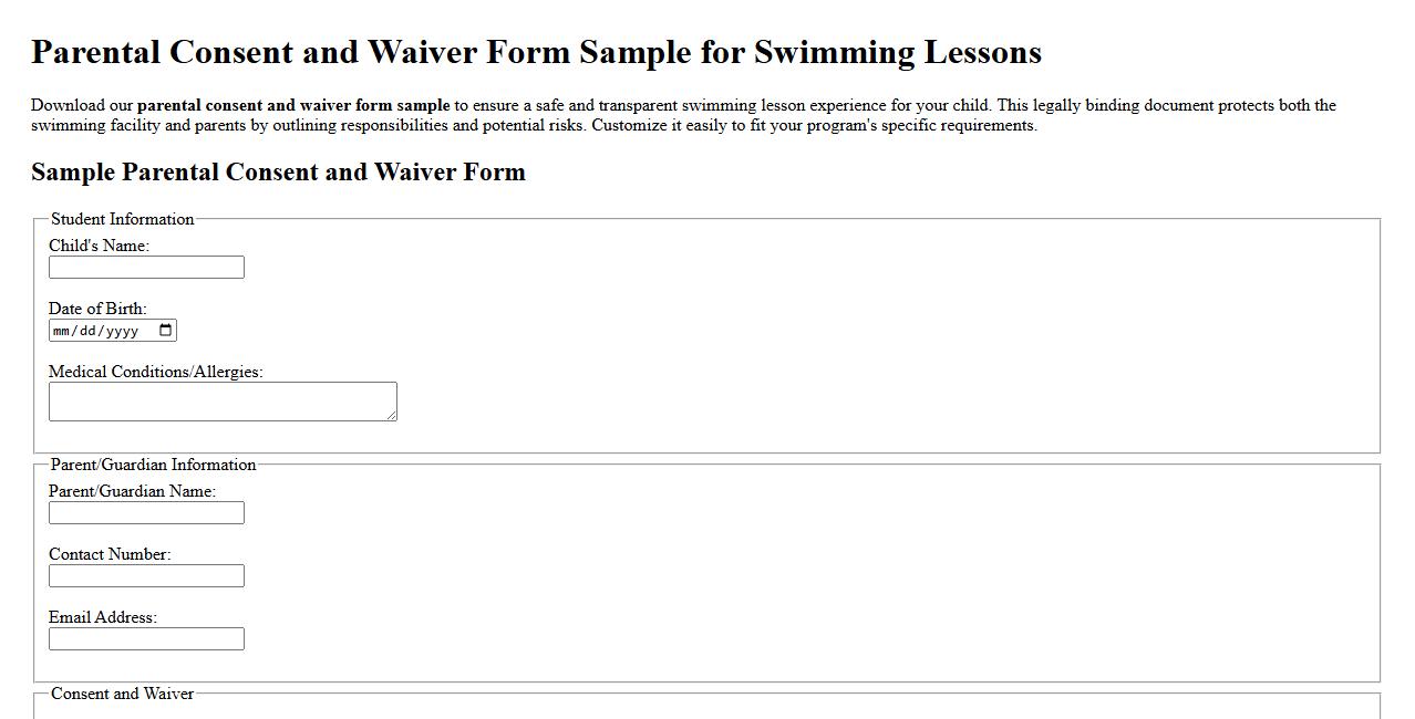 Parental consent and waiver form sample for swimming lessons image preview