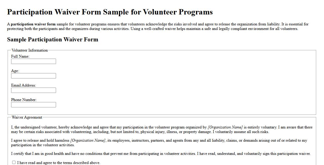 participation waiver form sample for volunteer programs image preview