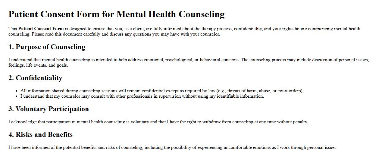 Patient consent form sample for mental health counseling image preview