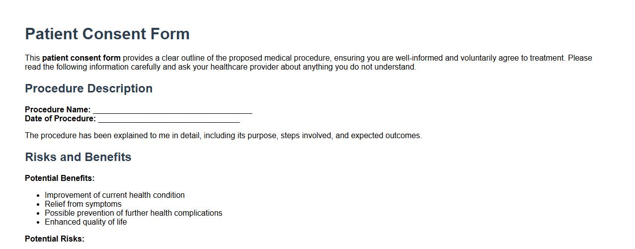 Patient consent form sample with risks and benefits section image preview