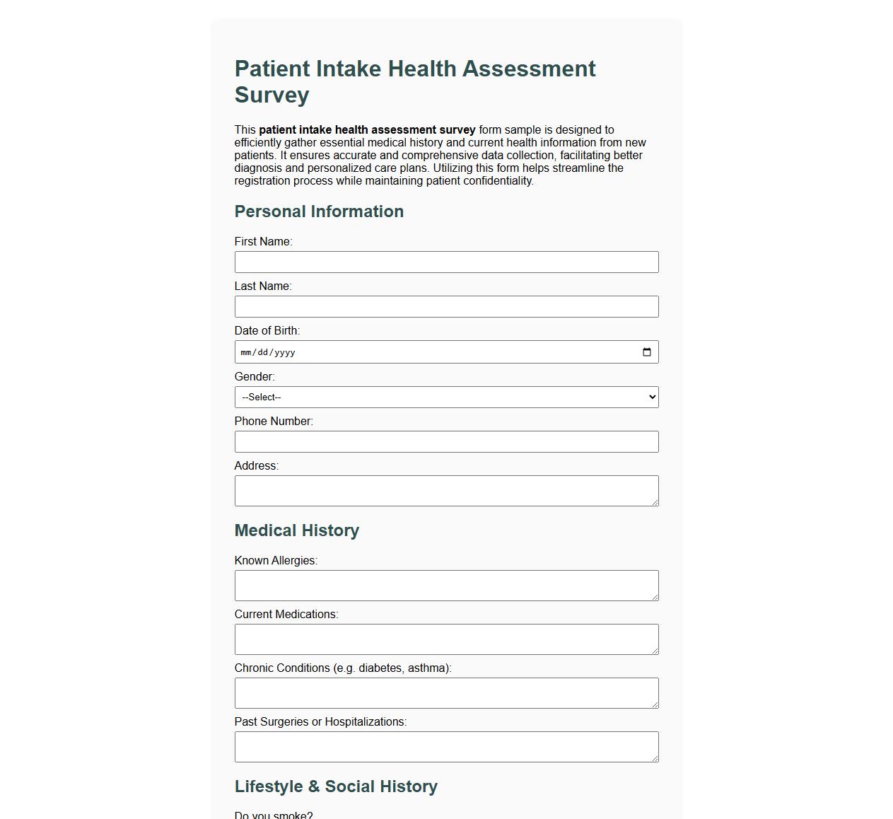 Patient intake health assessment survey form sample image preview