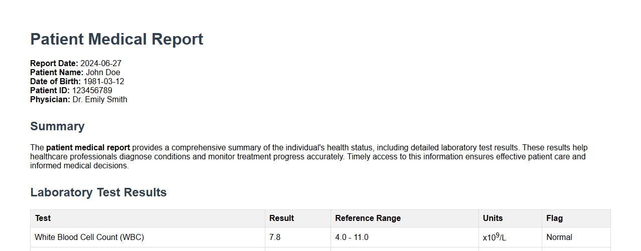 patient medical report with laboratory test results image preview