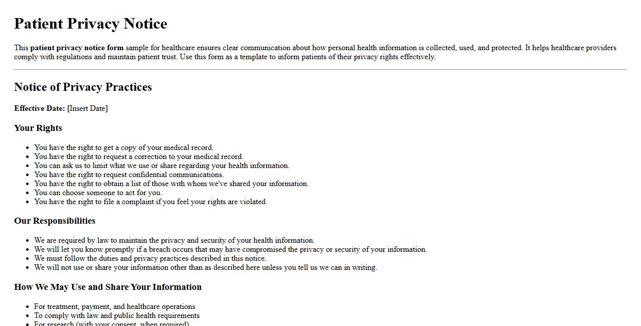 Patient privacy notice form sample for healthcare image preview