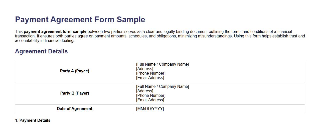 Payment agreement form sample between two parties image preview