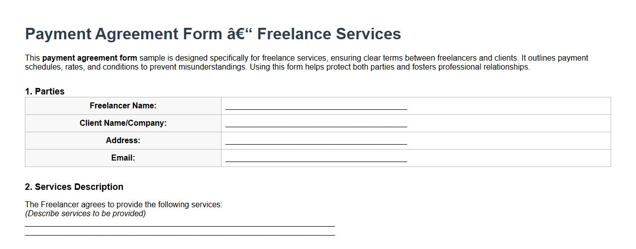 Payment agreement form sample for freelance services image preview