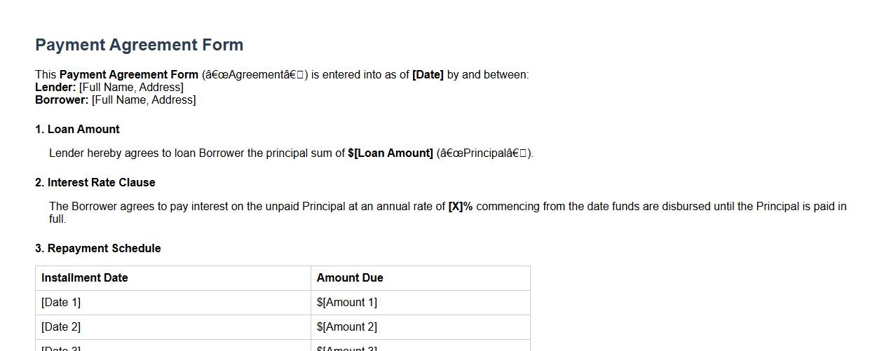 Payment agreement form sample with interest rate clause image preview