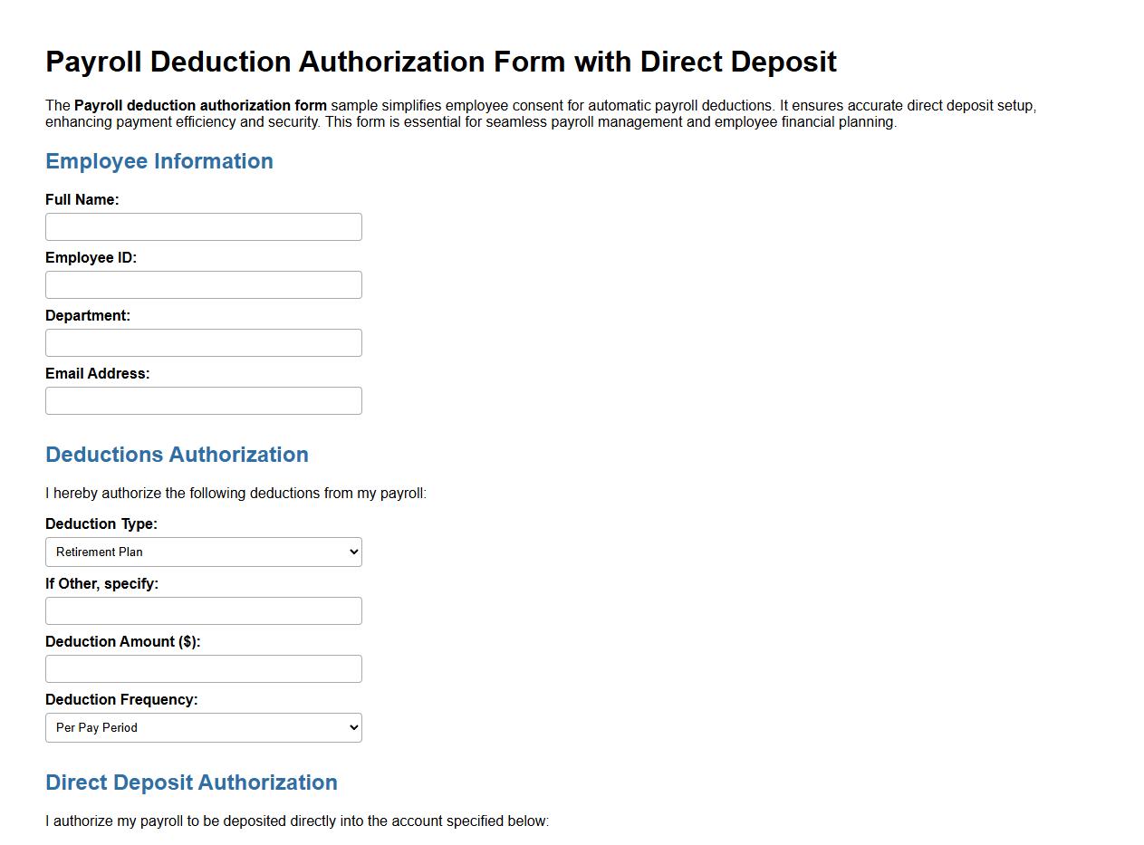 Payroll deduction authorization form sample with direct deposit image preview