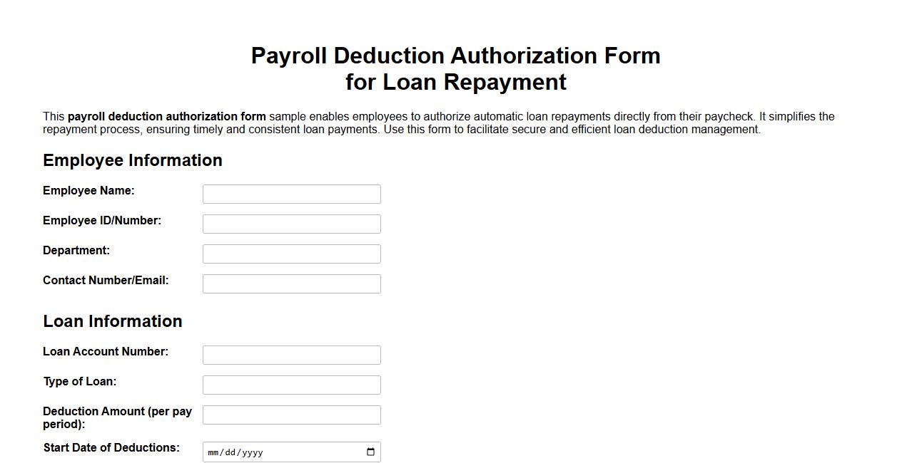 Payroll deduction authorization form sample for loan repayment image preview