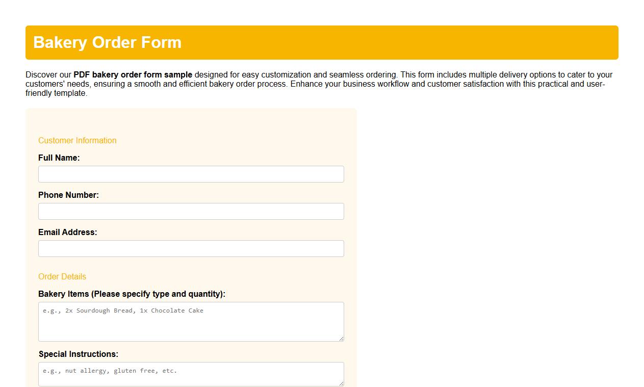 PDF bakery order form sample with delivery options image preview