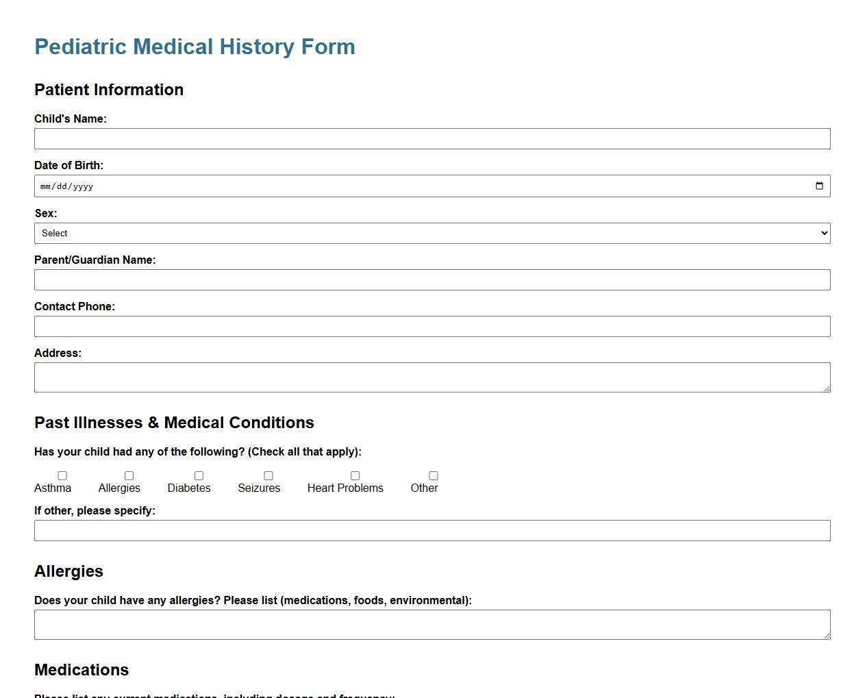 pediatric medical history form sample template image preview