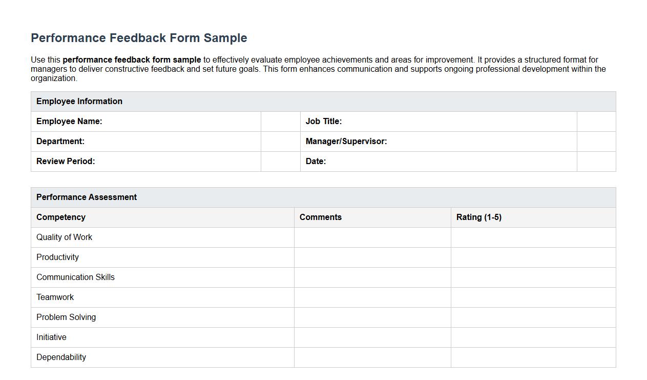 performance feedback form sample for employees image preview