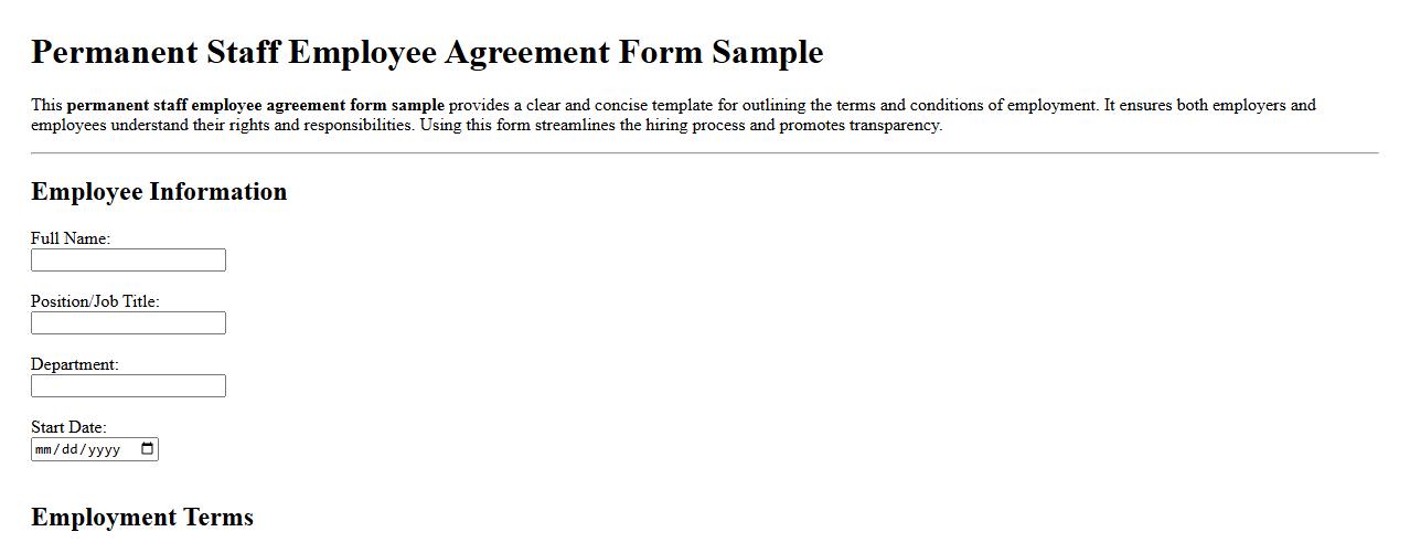 permanent staff employee agreement form sample image preview