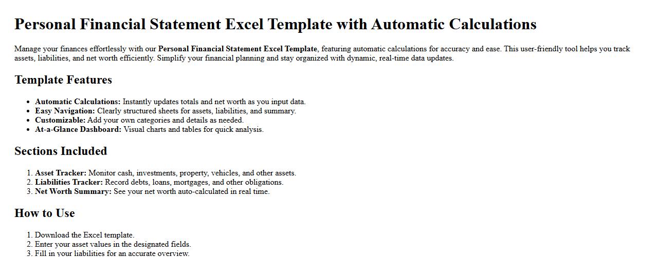 Personal financial statement excel template with automatic calculations image preview