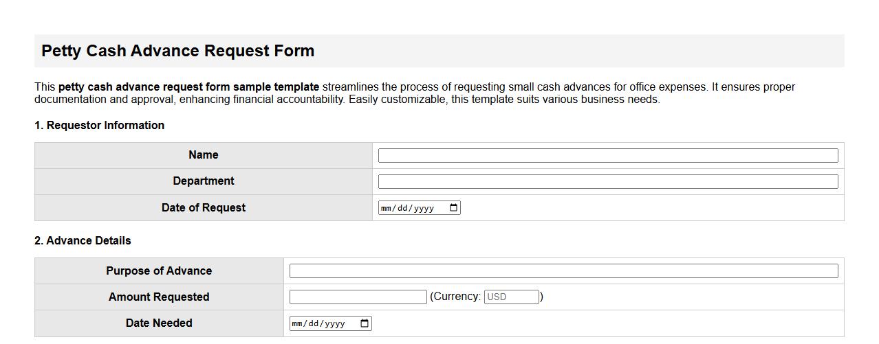 petty cash advance request form sample template image preview