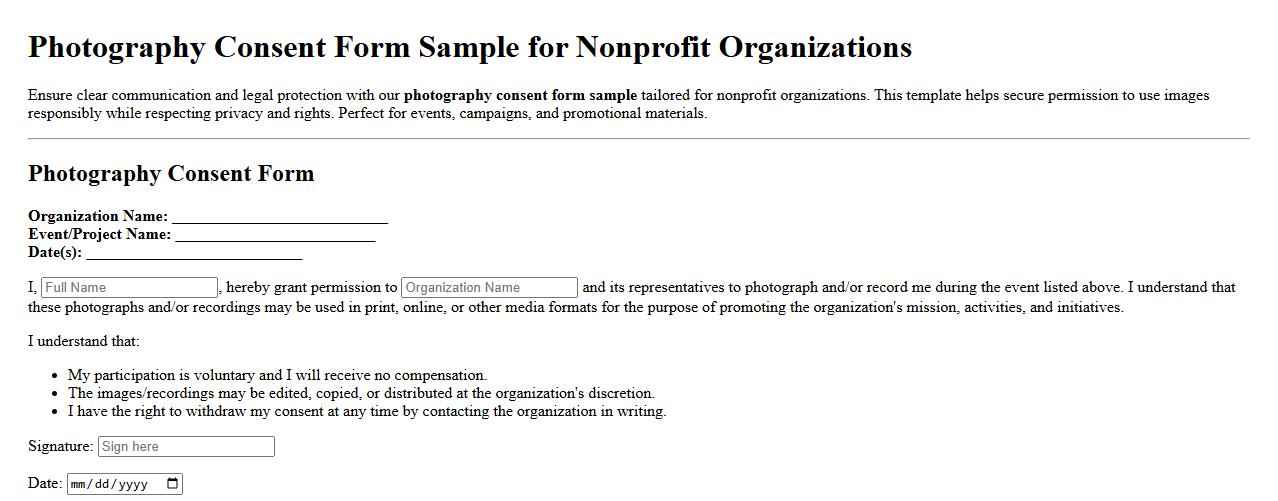Photography consent form sample for nonprofit organizations image preview