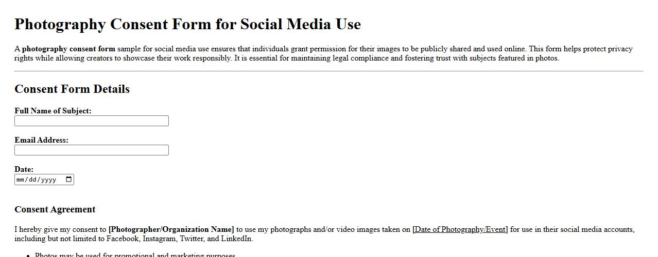 Photography consent form sample for social media use image preview