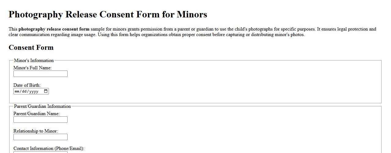 Photography release consent form sample for minors image preview