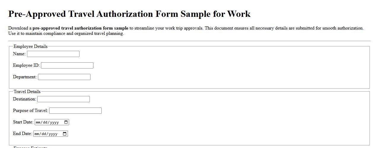 Pre-approved travel authorization form sample for work image preview