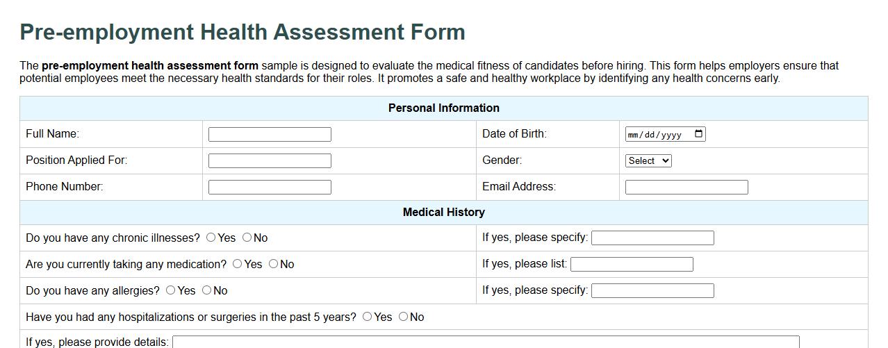 Pre-employment health assessment form sample image preview