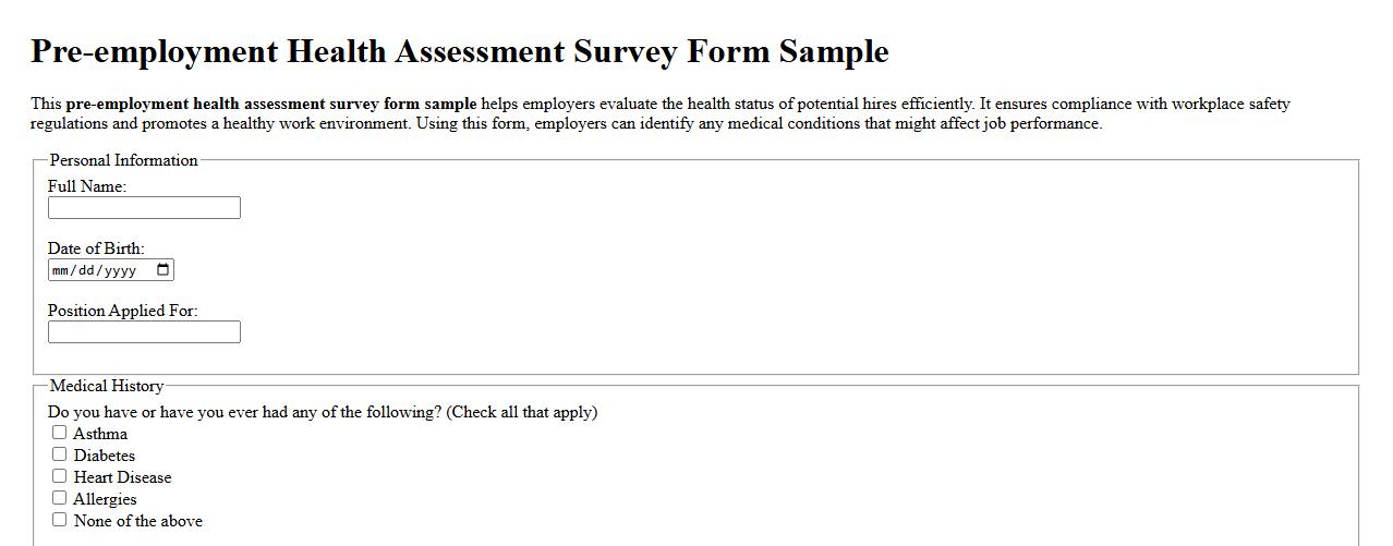 Pre-employment health assessment survey form sample image preview