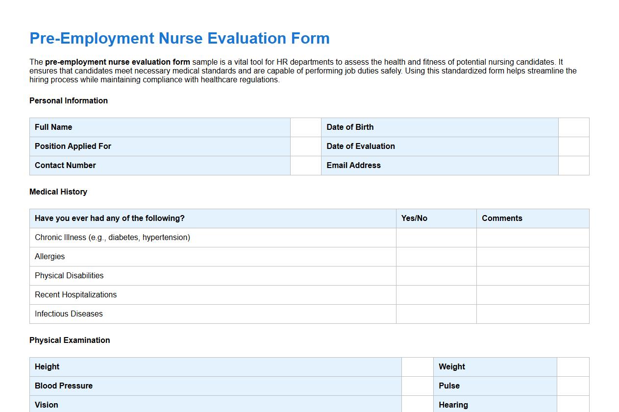 Pre-employment nurse evaluation form sample for HR image preview
