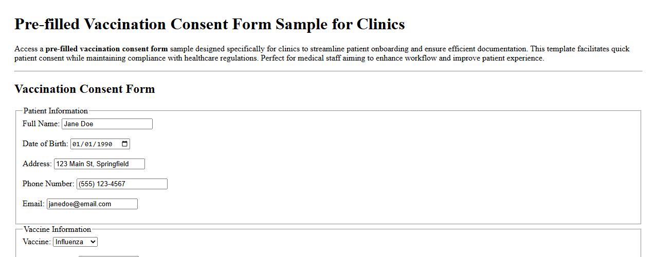 Pre-filled vaccination consent form sample for clinics image preview
