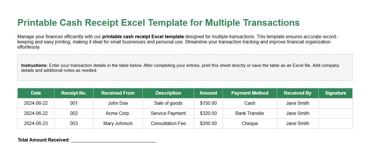 printable cash receipt excel template for multiple transactions image preview