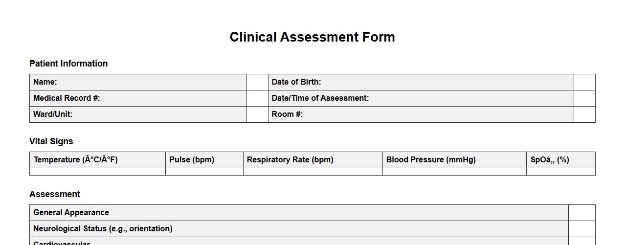 Printable clinical assessment form sample for nurses image preview