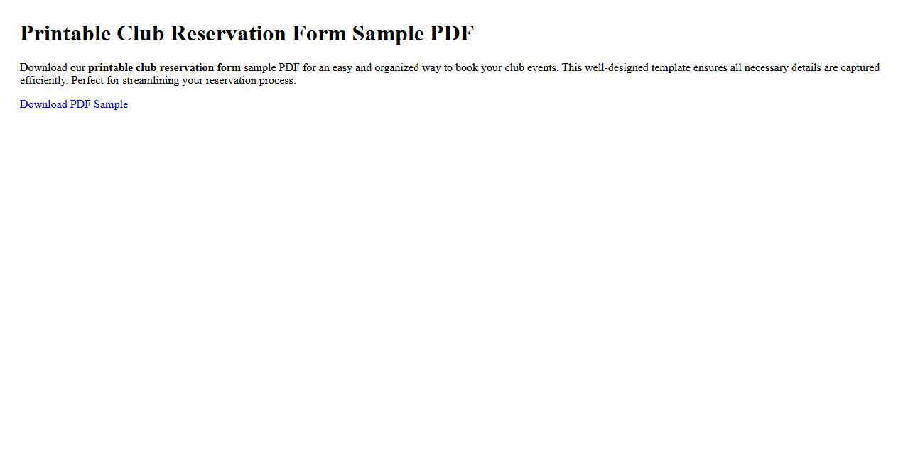 Printable club reservation form sample PDF image preview