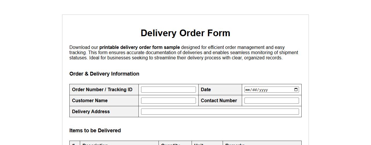 printable delivery order form sample with tracking image preview