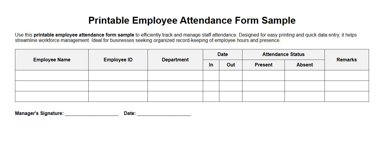 Printable employee attendance form sample image preview