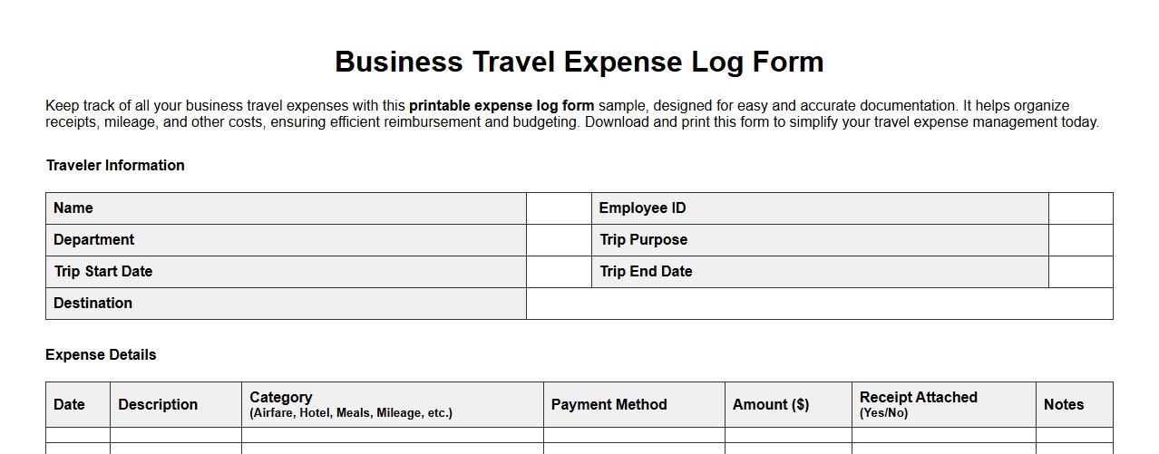 printable expense log form sample for business travel image preview