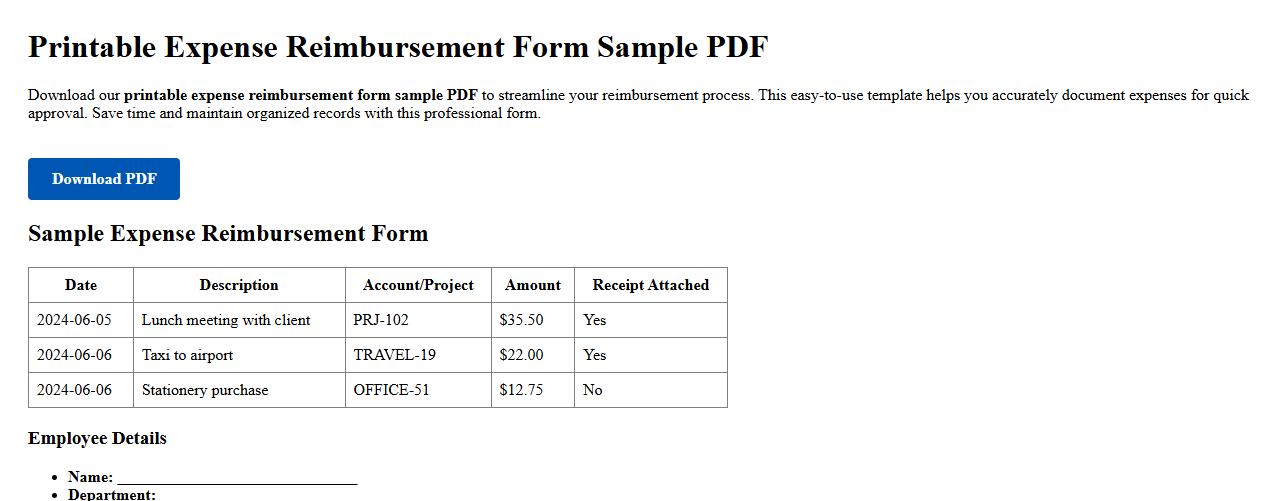 printable expense reimbursement form sample PDF image preview