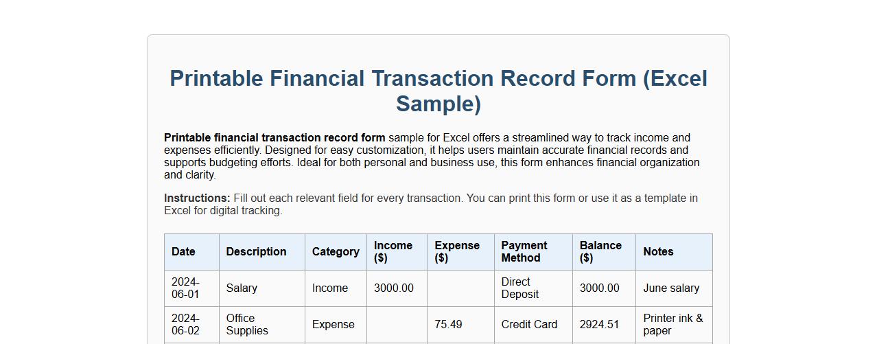 Printable financial transaction record form sample for Excel image preview