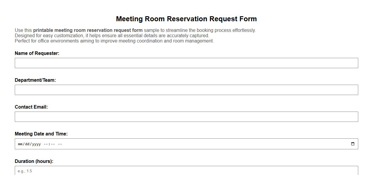 Printable meeting room reservation request form sample image preview