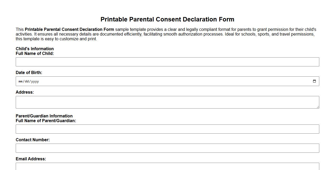 Printable Parental Consent Declaration Form sample template image preview