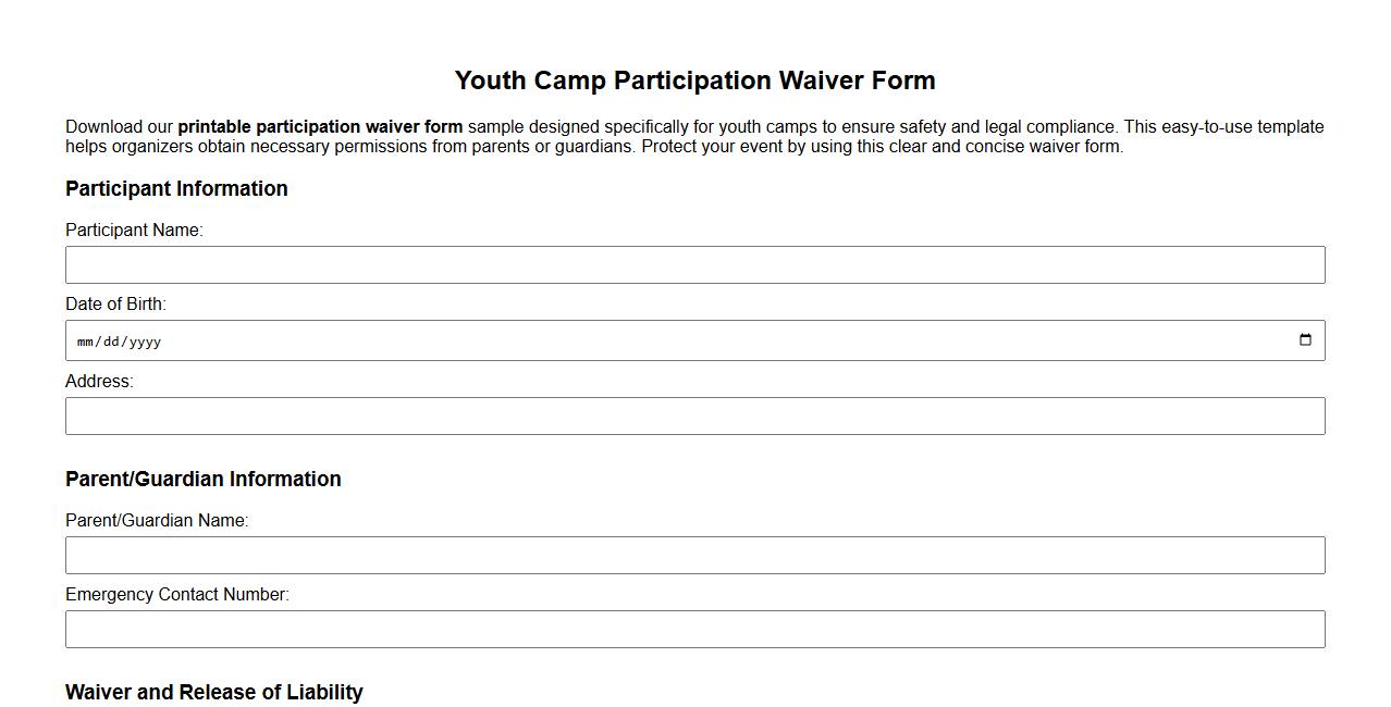 printable participation waiver form sample for youth camps image preview