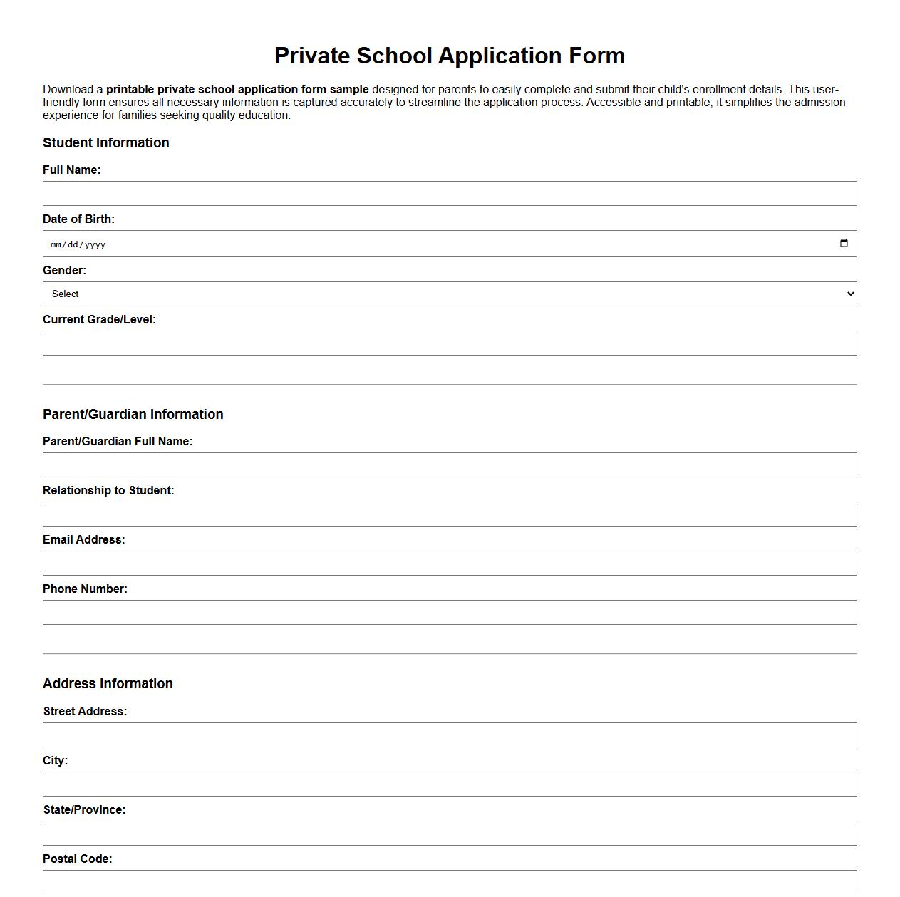 Printable private school application form sample for parents image preview