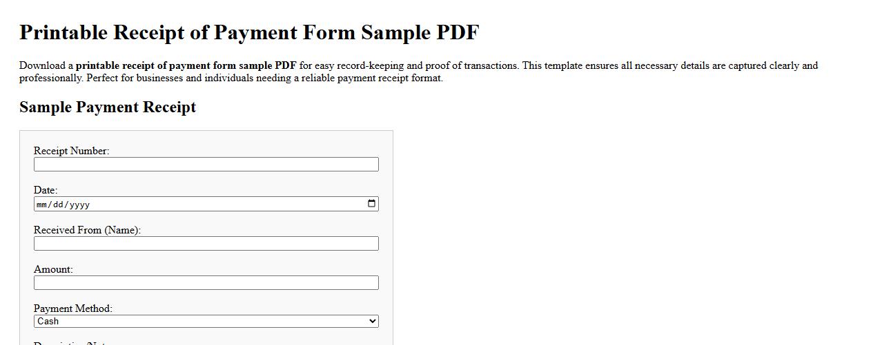 Printable receipt of payment form sample PDF image preview