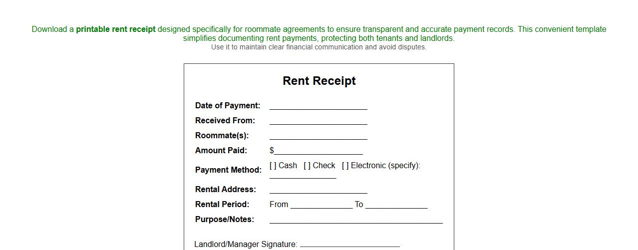 Printable rent receipt for roommate agreement image preview